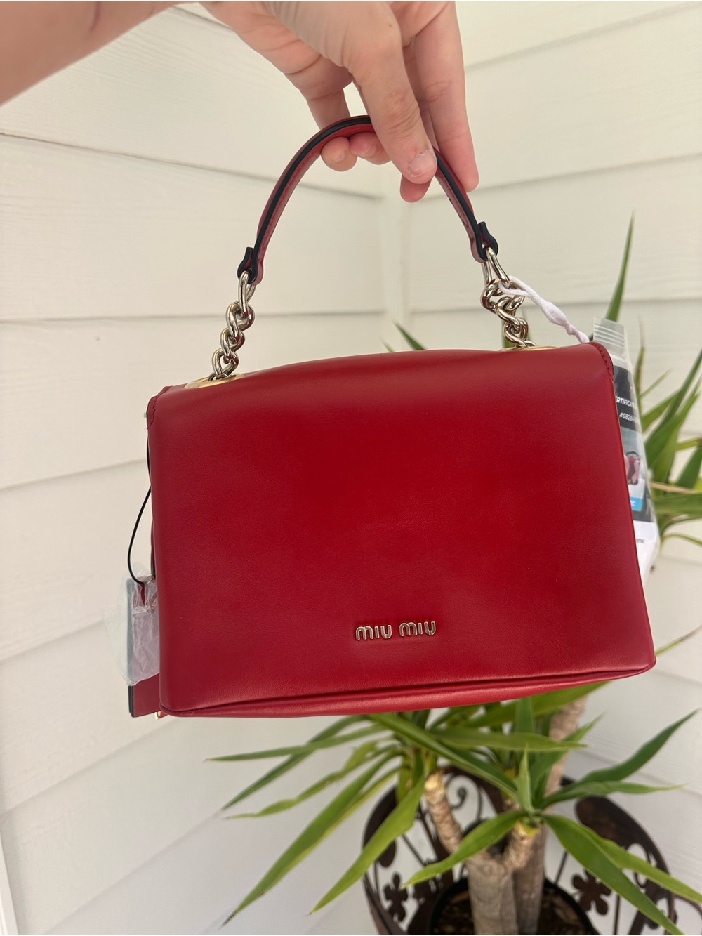 Miu Miu Red Leather Top-Handle Satchel with Chain Detail